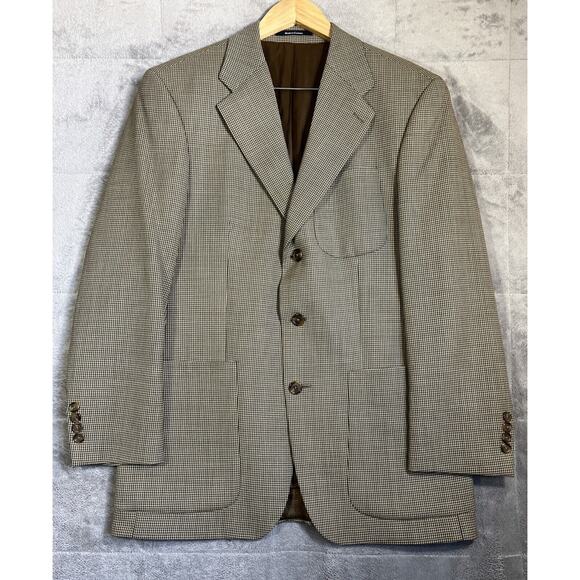 Ralph Lauren Blazer Mens 39R Tan Houndstooth Wool 3 Button Patch Pockets